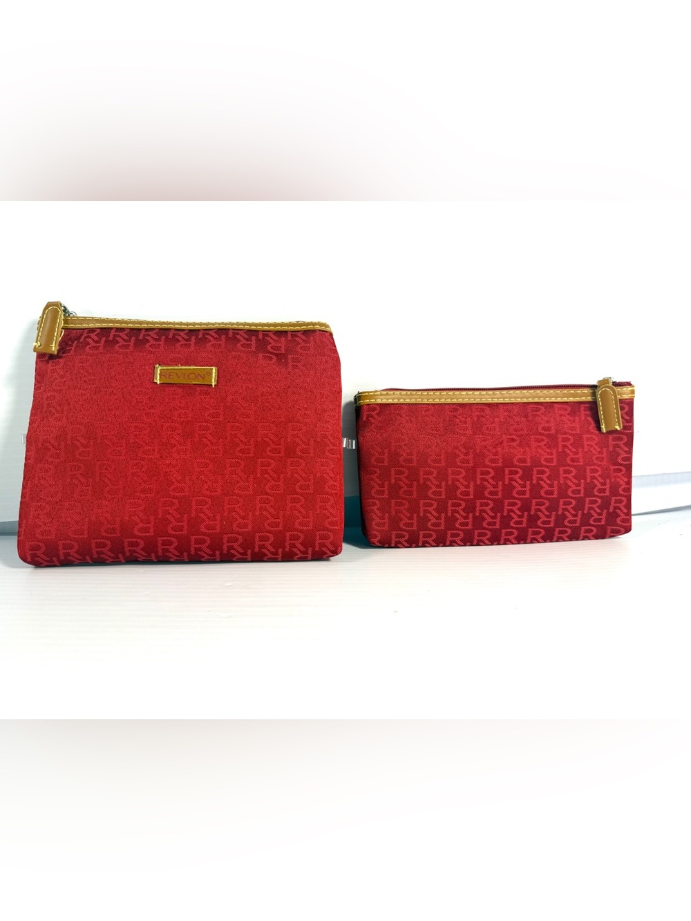Revlon Red Jacquard Cosmetic Pouch Duo with Gold Trim